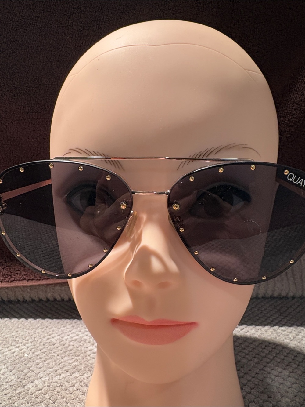 Quay Australia Black Tinted Cat-Eye Sunglasses with Gold Studs